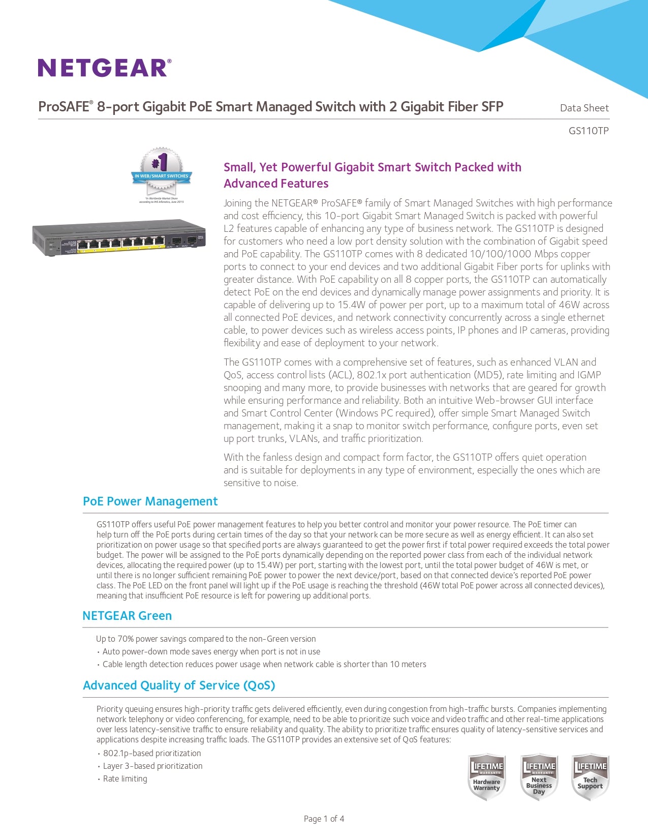 Netgear Gigabit Smart Managed Switch 8 Port: 8x Ethernet ; 2x SFP, 46W