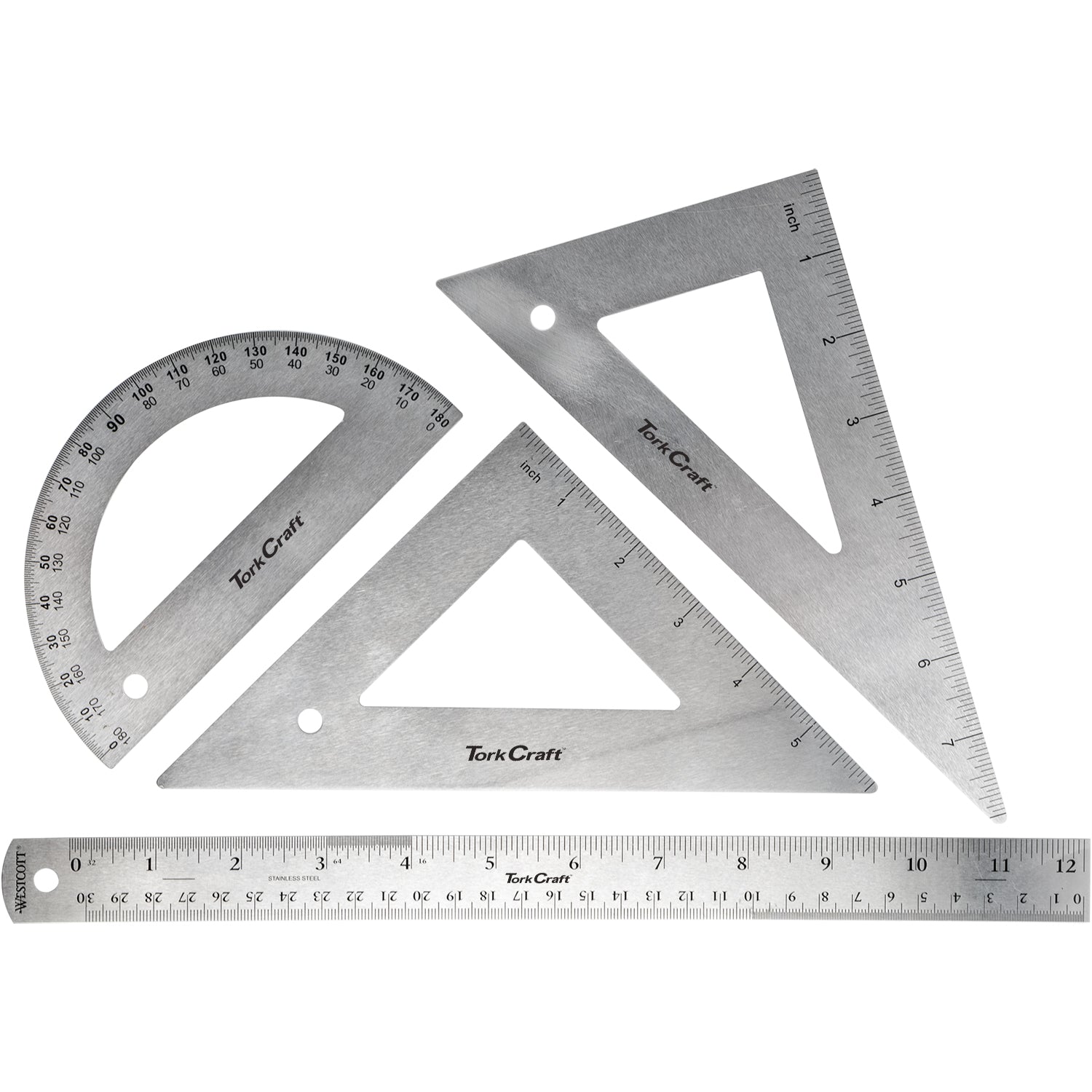 Tork Craft Protractor Ruler & 2 X Traingle Set 4 Pc