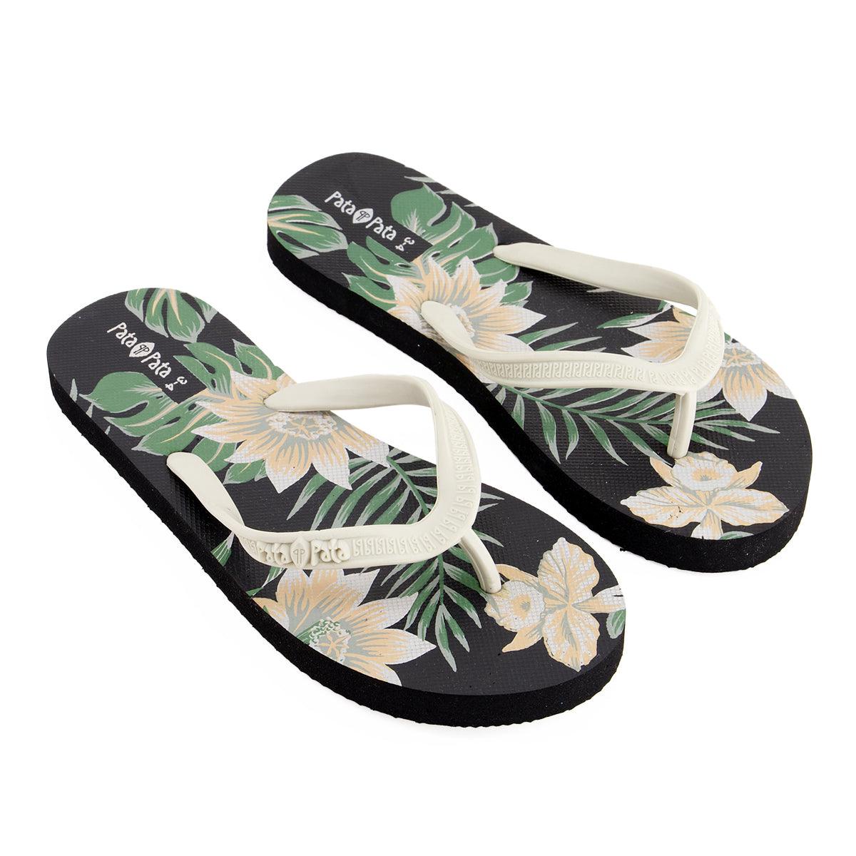 Pata Pata Ladies Flip Flops Black Floral Size 7/8 - Livestainable.co.za