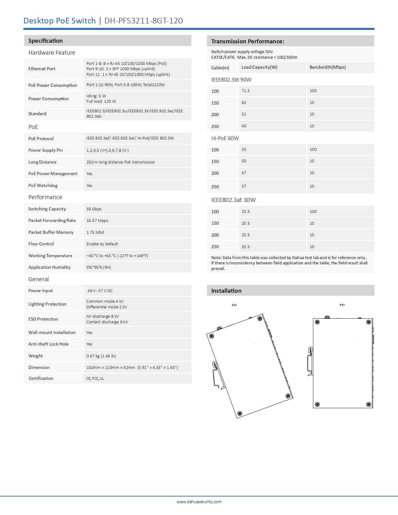 Dahua Gigabit Unmanaged Switch 8 Port; 8x POE Ports, 2X SFP