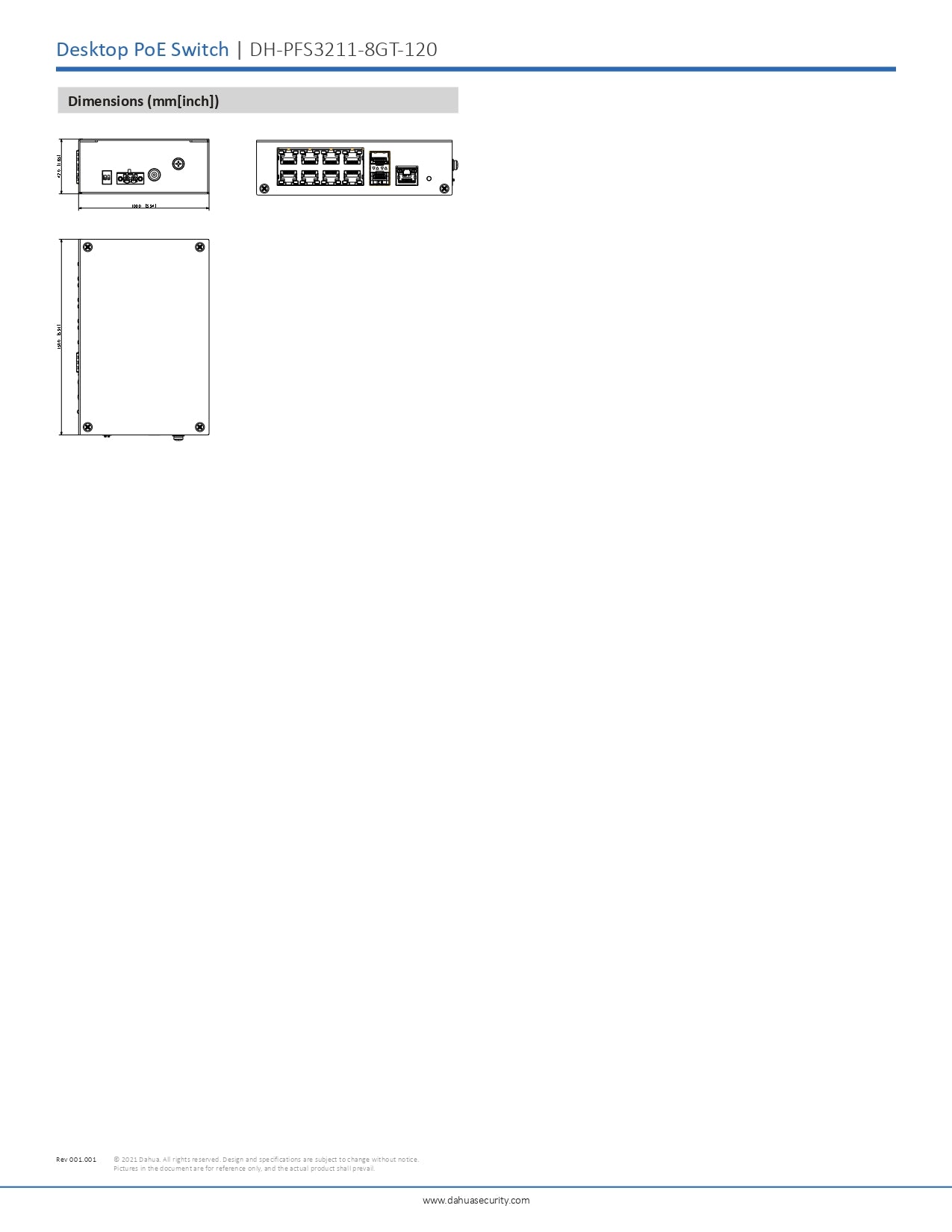 Dahua Gigabit Unmanaged Switch 8 Port; 8x POE Ports, 2X SFP
