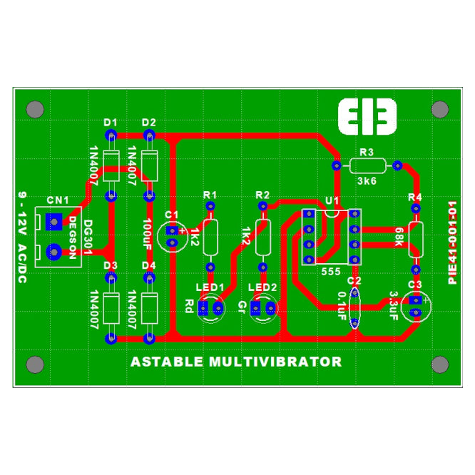Pcb Only For Astable Multivibrator Circuit (Lm555) 50x75x1.5mm Pie41 001 01