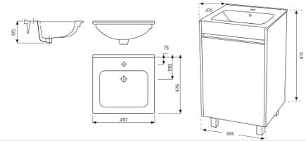 Lecico Zara Basin With Floor Standing Cabinet In High Gloss White 495 Mm 1 Door