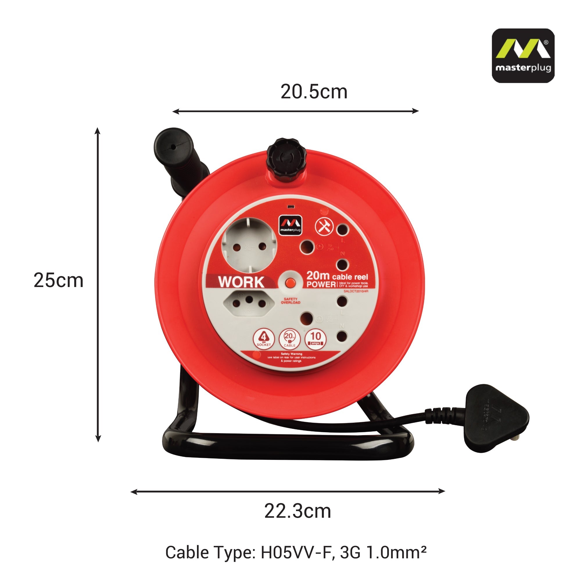 Light Duty 20m Extension Cable Reel 4 Socket Without Switch