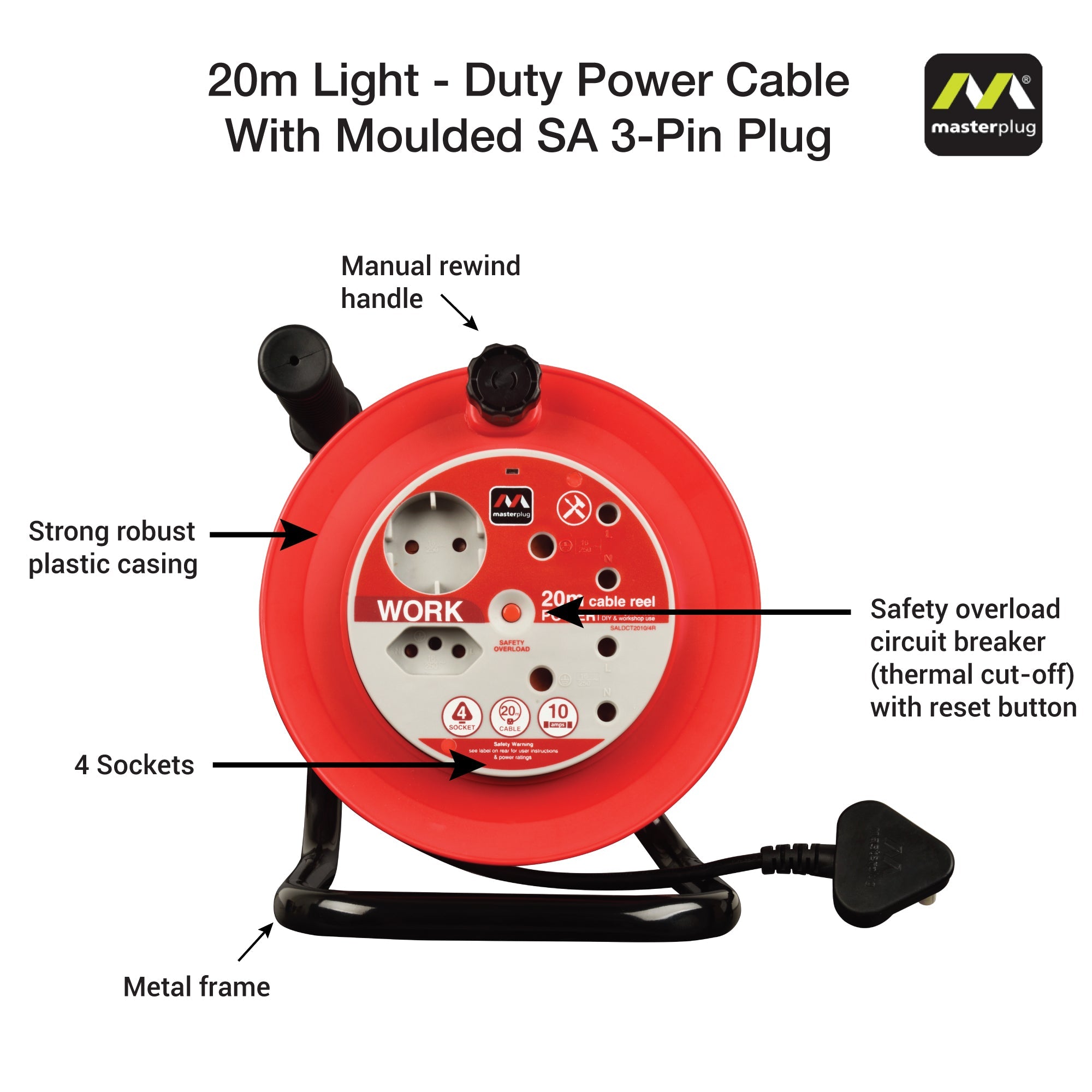 Light Duty 20m Extension Cable Reel 4 Socket Without Switch