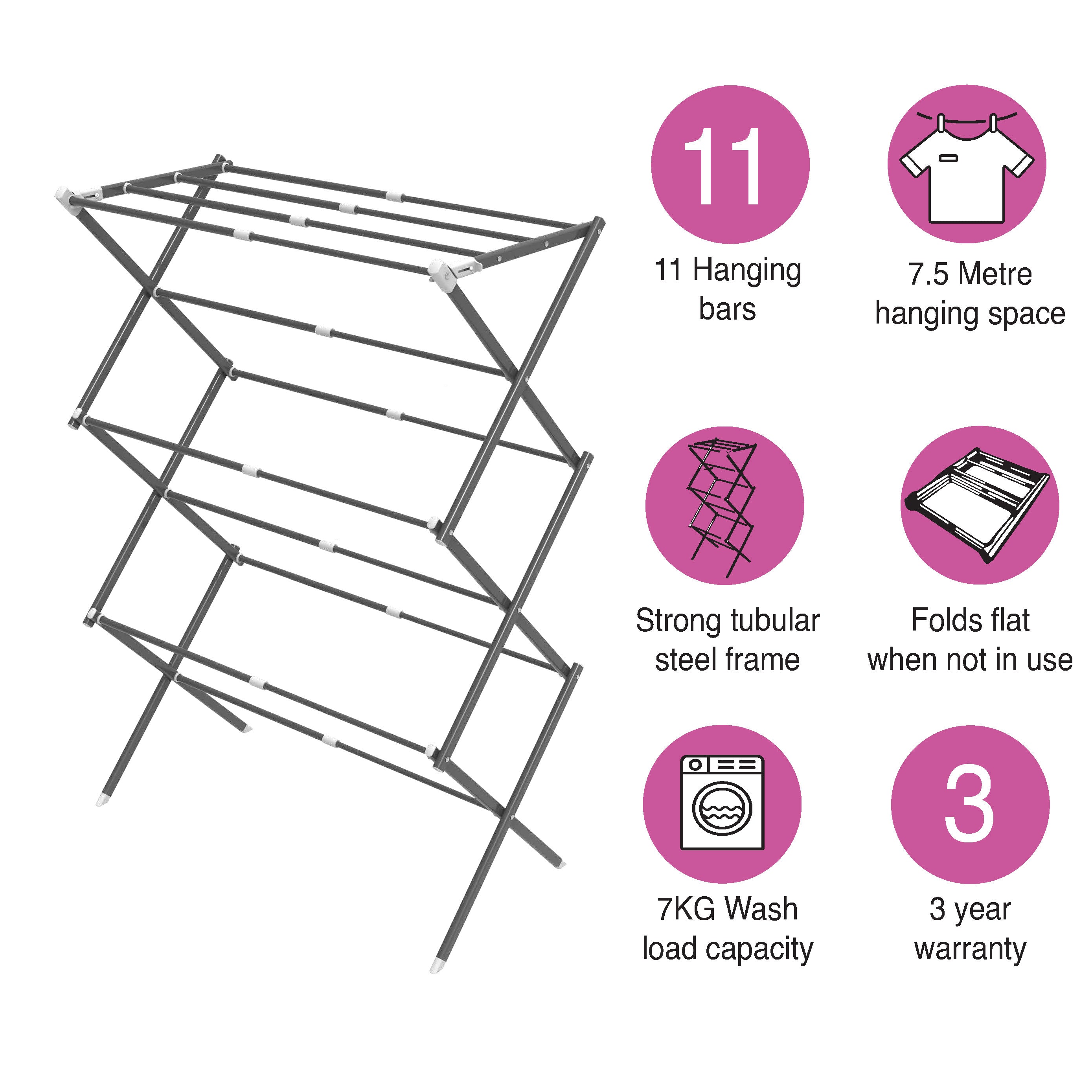 3 Tier Clothes Drying Stand | Metal | 7.5m Space | Foldable & Expandable | Grey