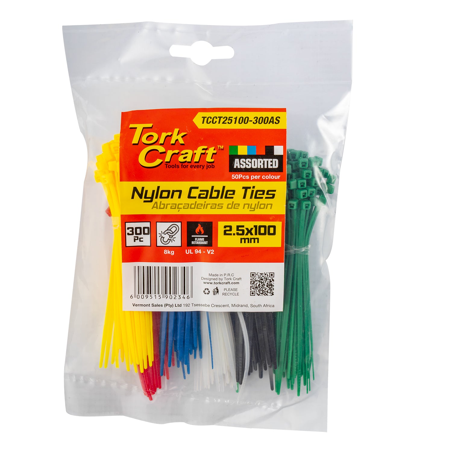 Tork Craft Nylon Cable Ties 2.5 Mm X 100 Mm 300 Pc Assorted Colours