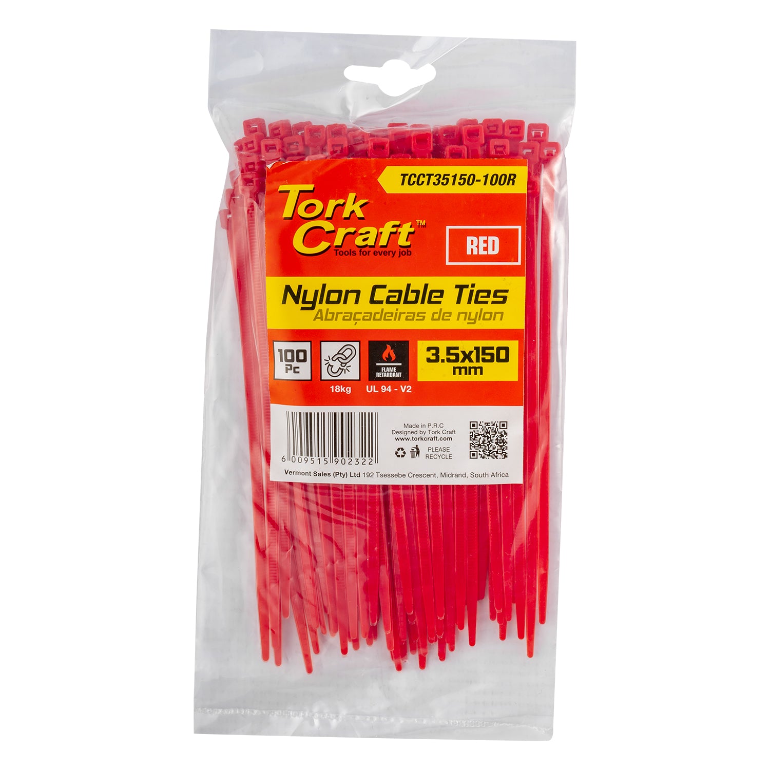Tork Craft Nylon Cable Ties 3.5 Mm X 150 Mm Red 100 Pc