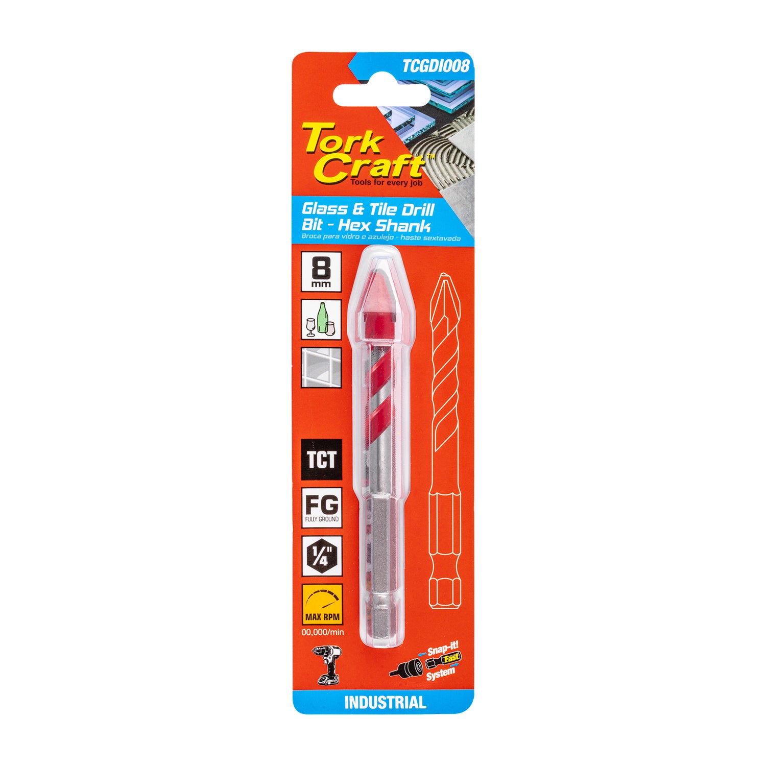 Tork Craft Glass & Tile Drill 8 Mm Hex Shank Industrial