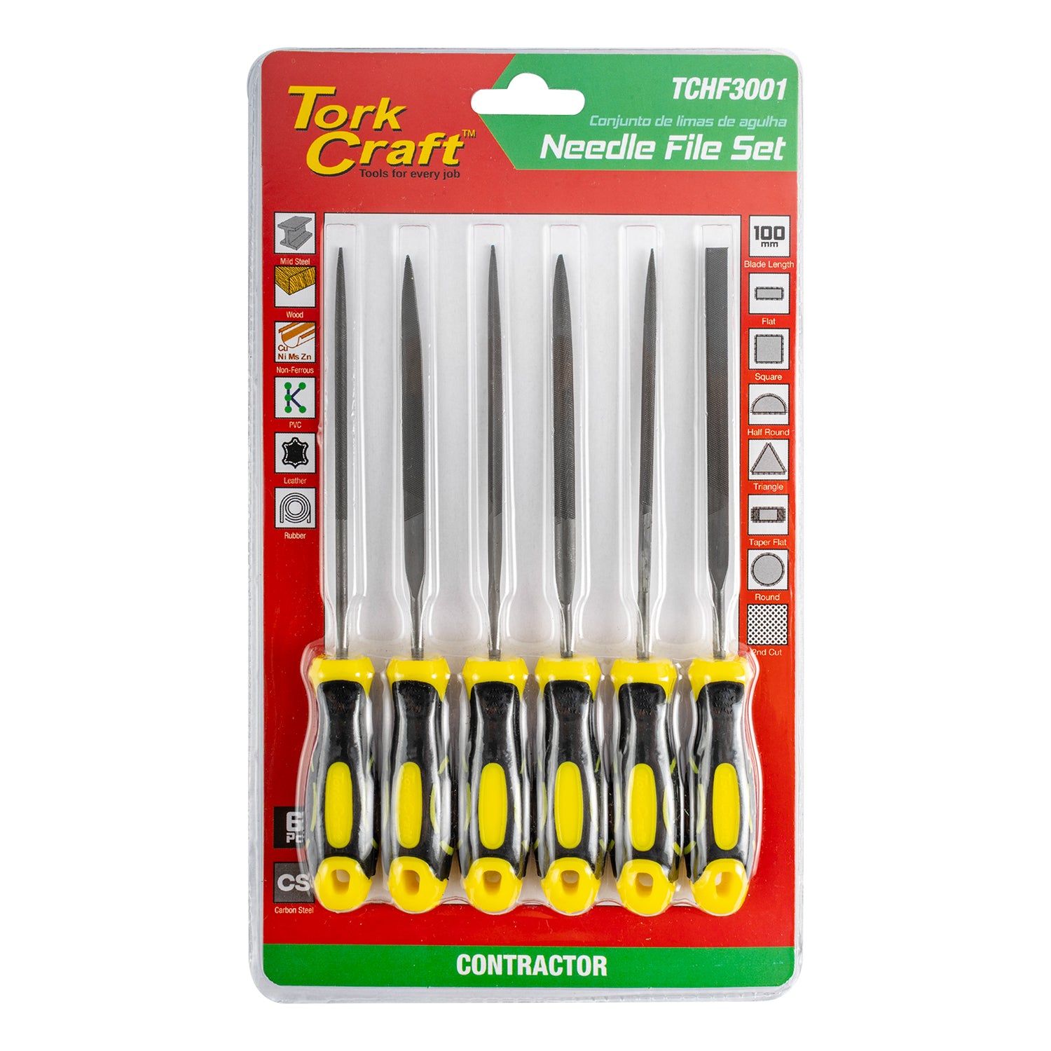 Tork Craft Needle File Set 6 Pc Flat/Rnd/Square/Tri Angle/Taper Flat/Half Rnd