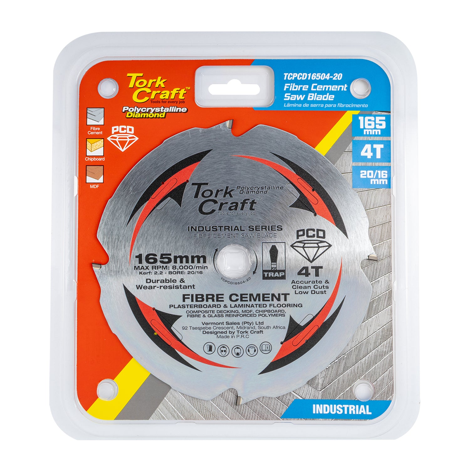 Tork Craft Pcd Saw Blade 165 Mm X 4 T X20/16 Mm Fibre Cem. Mdf Chipboard