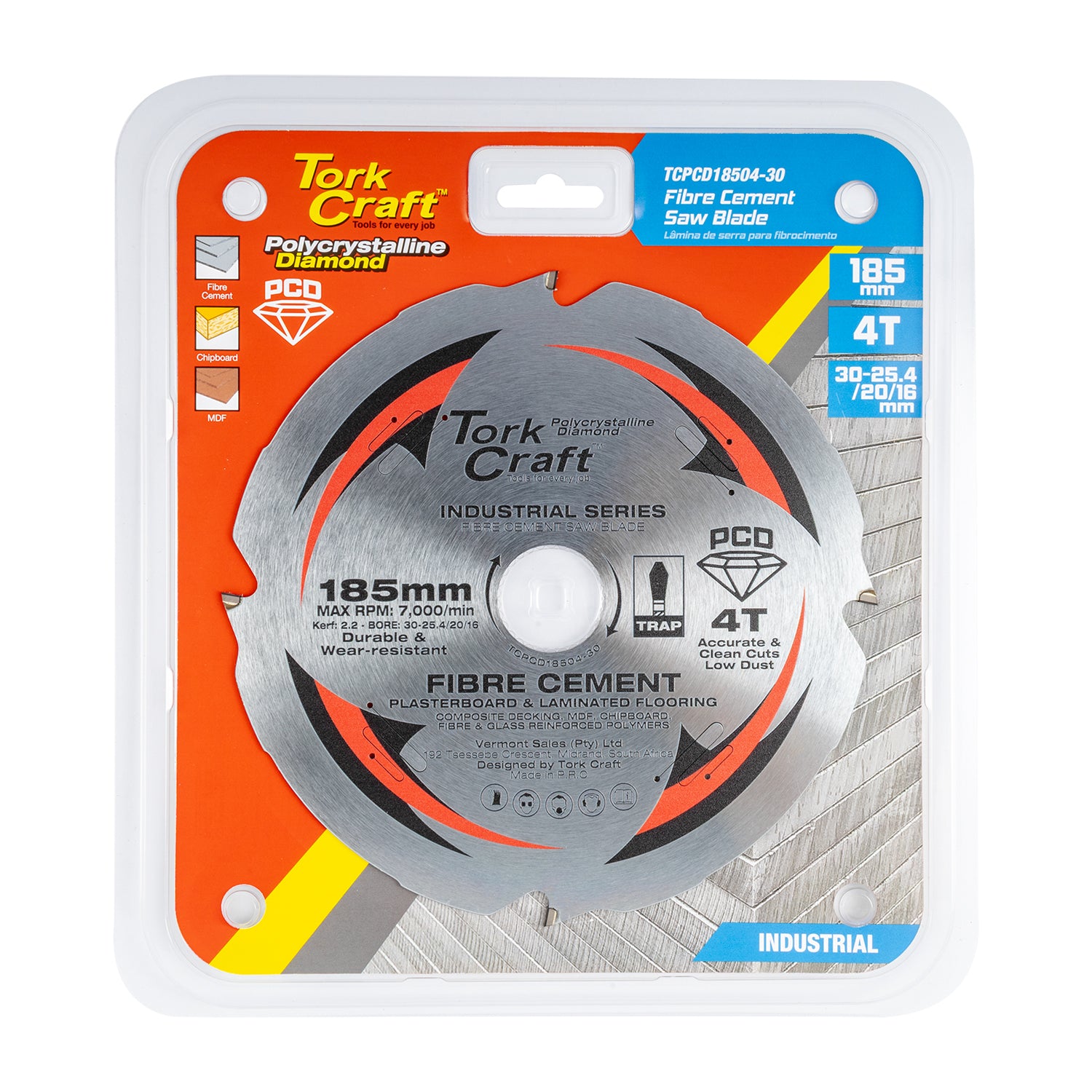 Tork Craft Pcd Saw Blade 185 Mm X 4 T X 30/20/16 Mm Fibre Cem. Mdf Chipboard