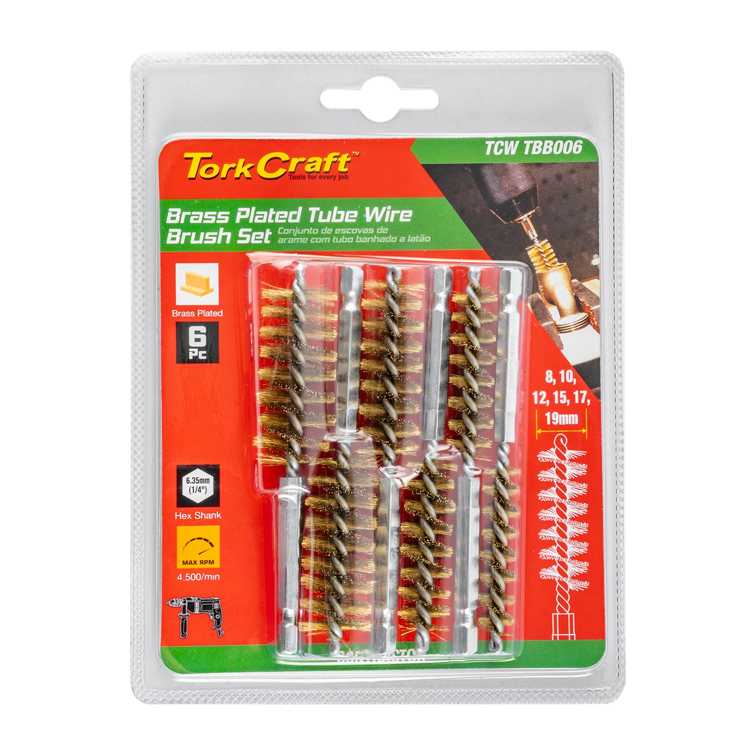 Tork Craft Tube Brush 6 Pc Set Brass Wire 6,35 Mm Hex Shank
