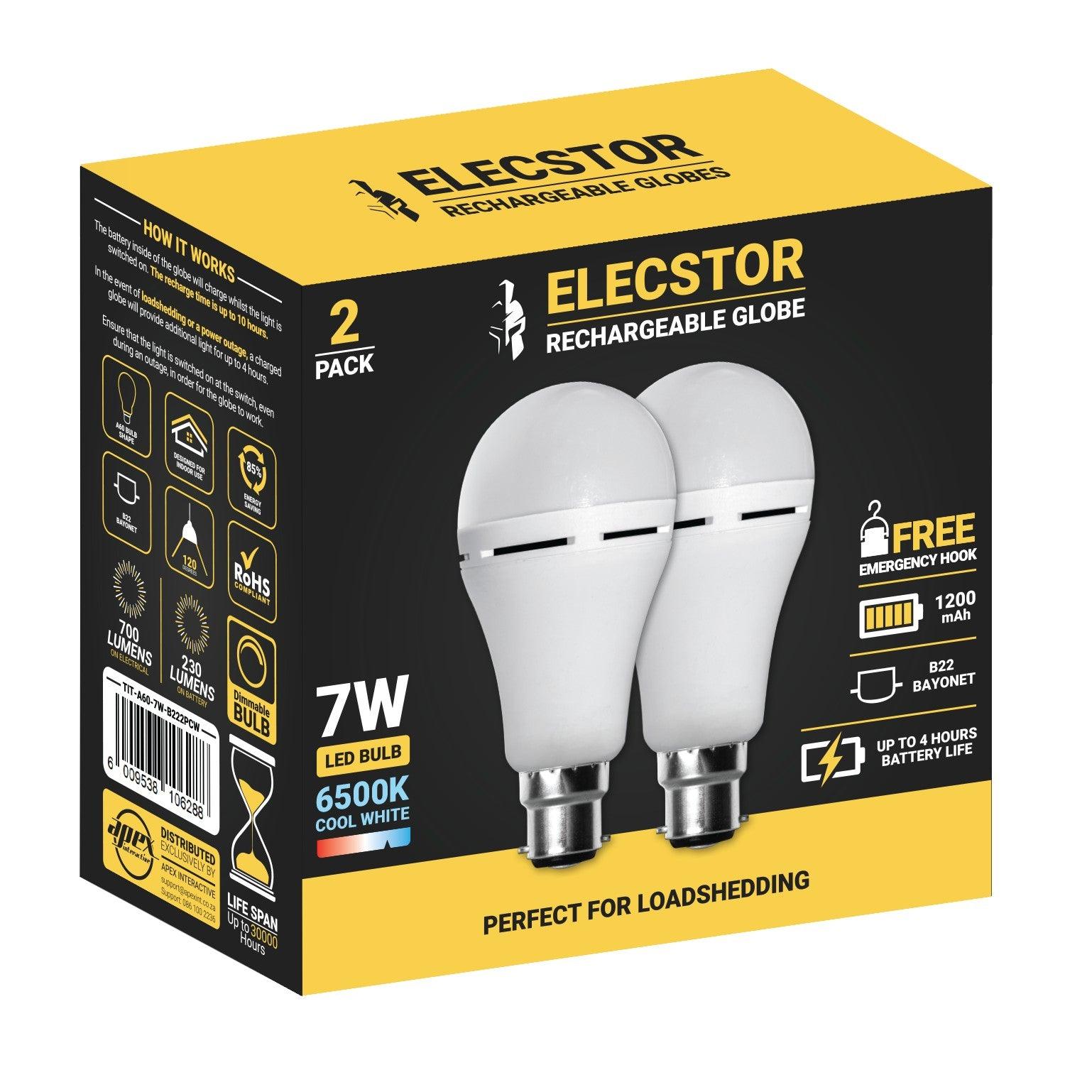 Elecstor B22 7 W Rechargeable Cool White 2 Pack - Livestainable.co.za