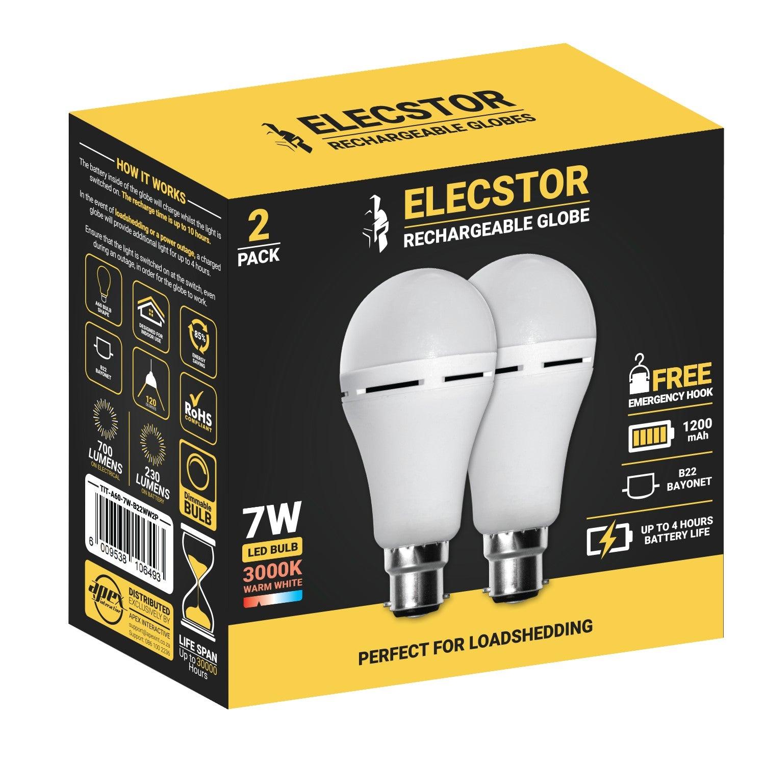 Elecstor B22 7 W Rechargeable Warm White 2 Pack - Livestainable.co.za