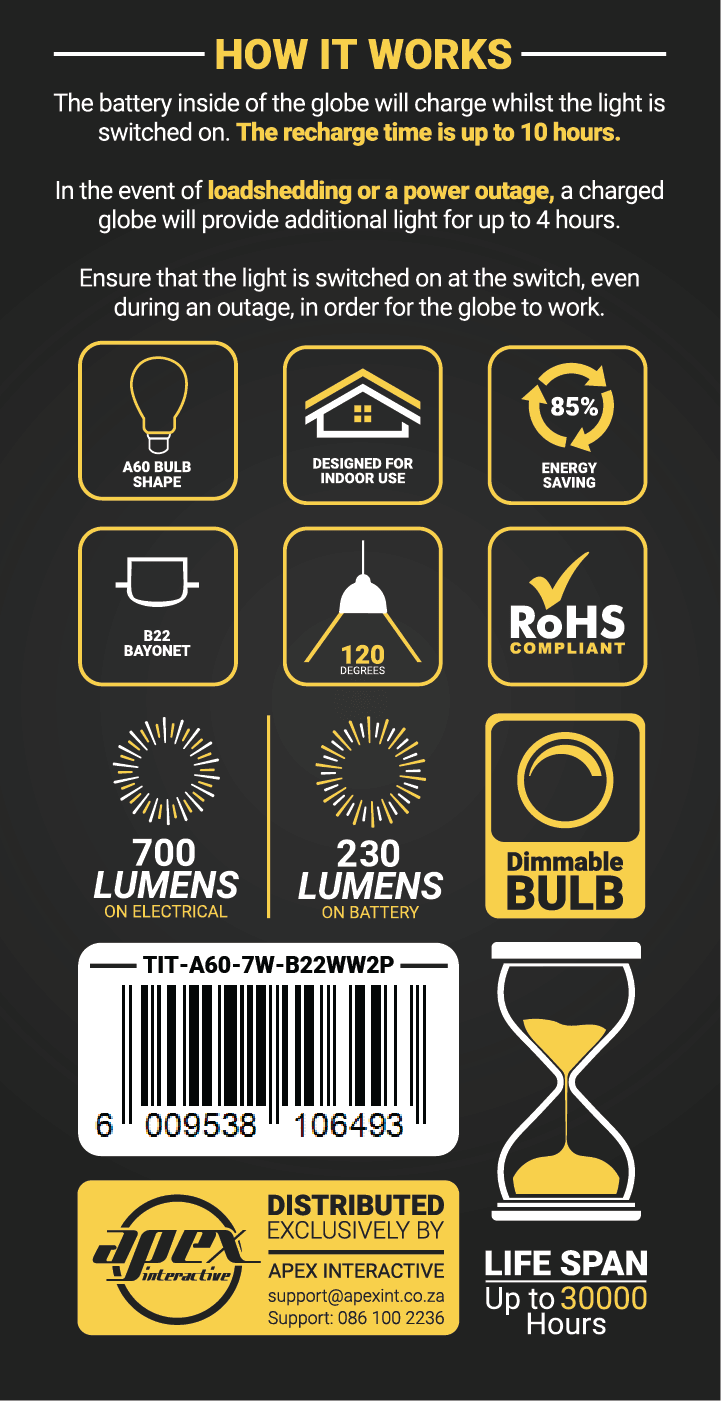 Elecstor B22 7 W Rechargeable Warm White 2 Pack - Livestainable.co.za