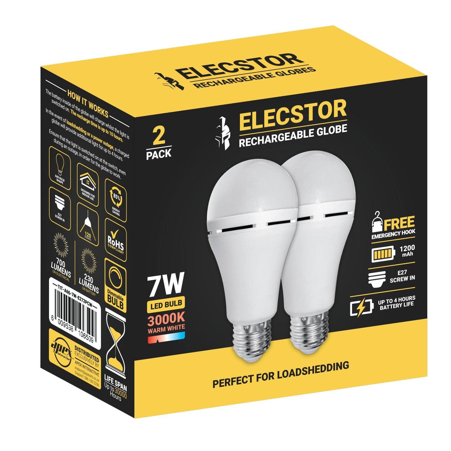 Elecstor E27 7 W Rechargeable Warm White 2 Pack - Livestainable.co.za