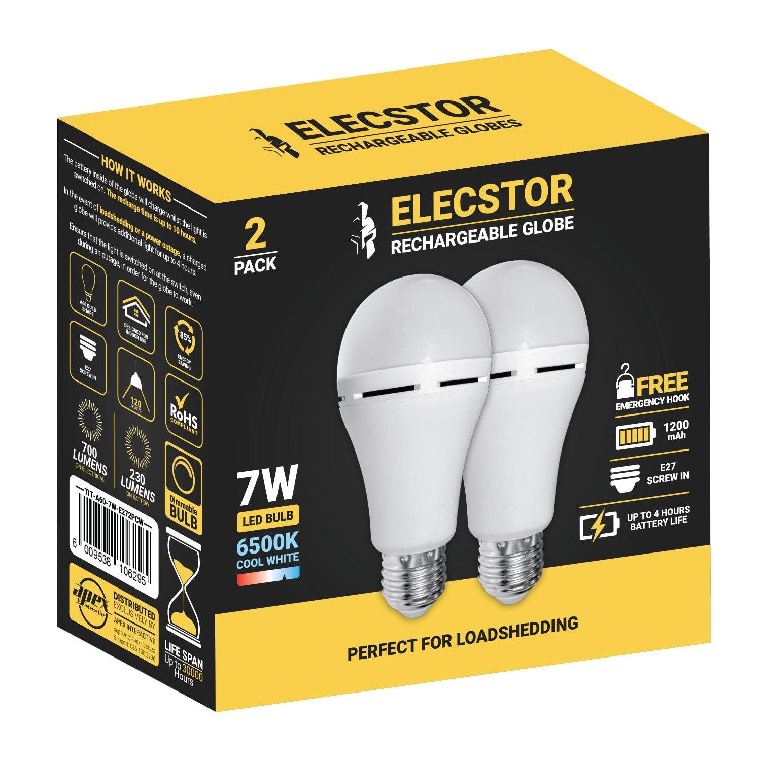 Elecstor E27 7 W Rechargeable Cool White 2 Pack - Livestainable.co.za