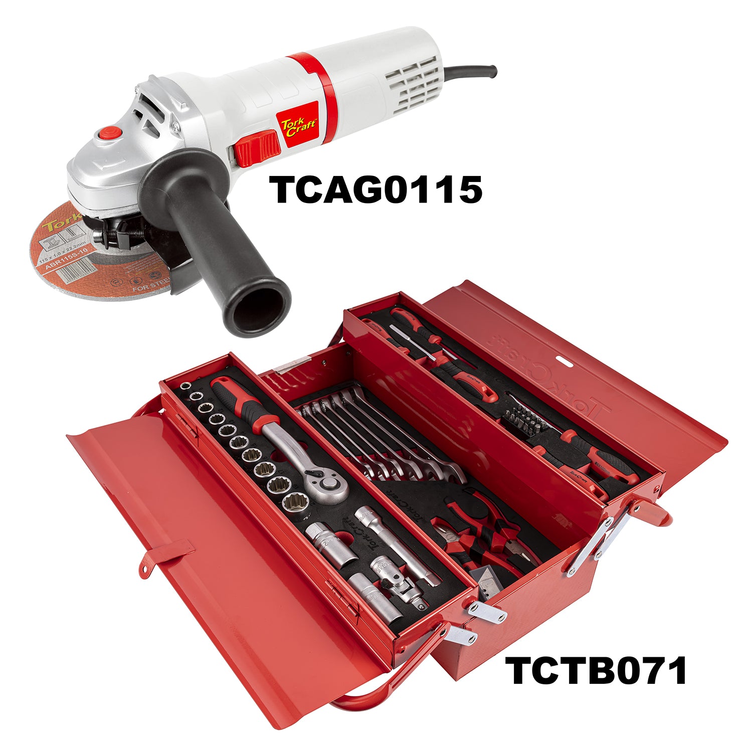 Tork Craft Angle Grinder 115 Mm & Cantilever Tool Box 71 Pc Combo