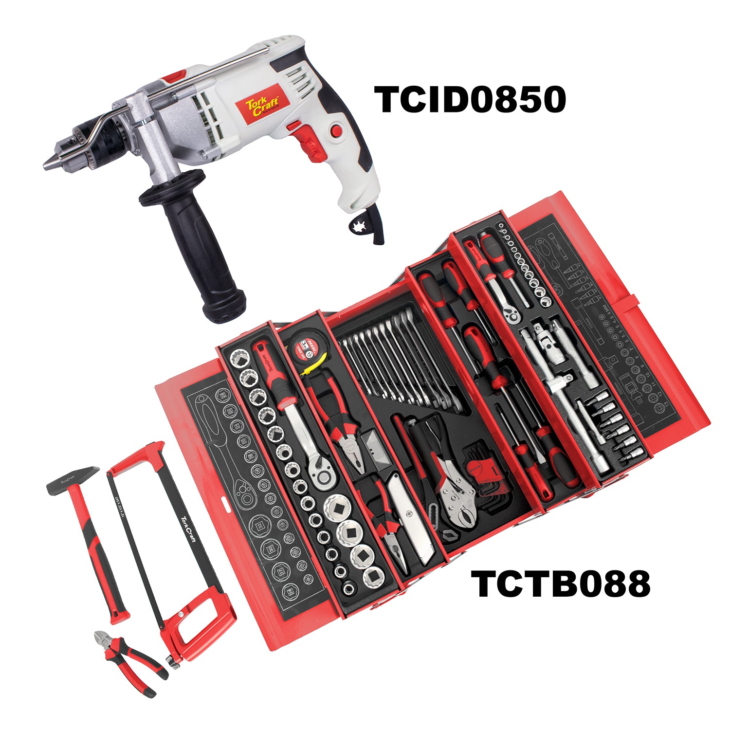 Tork Craft Impact Drill 850 W & Cantilever Tool Box 88 Pc Combo