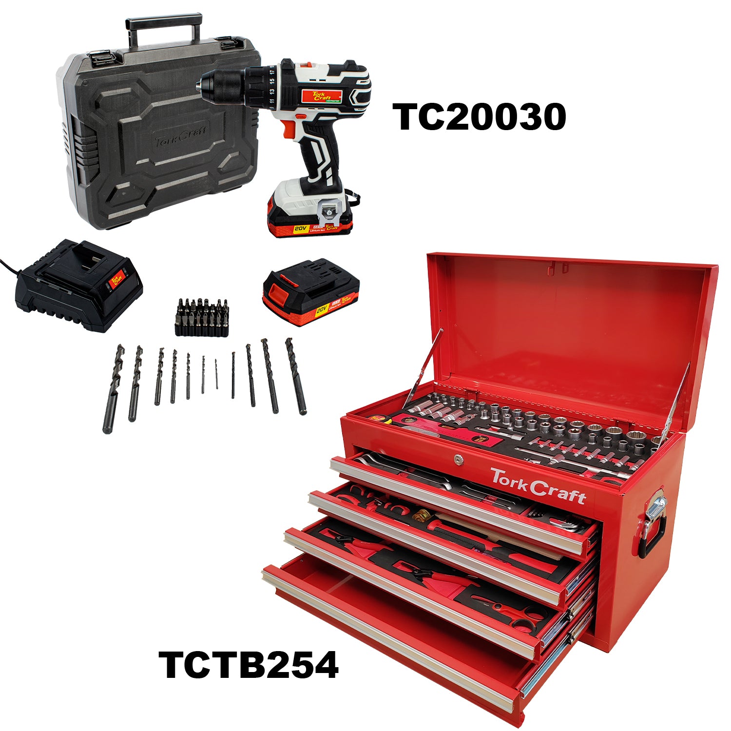 Tork Craft Imp Drill Driver 20 V 13 Mm & Cantilever Tool Box 254 Pc Combo