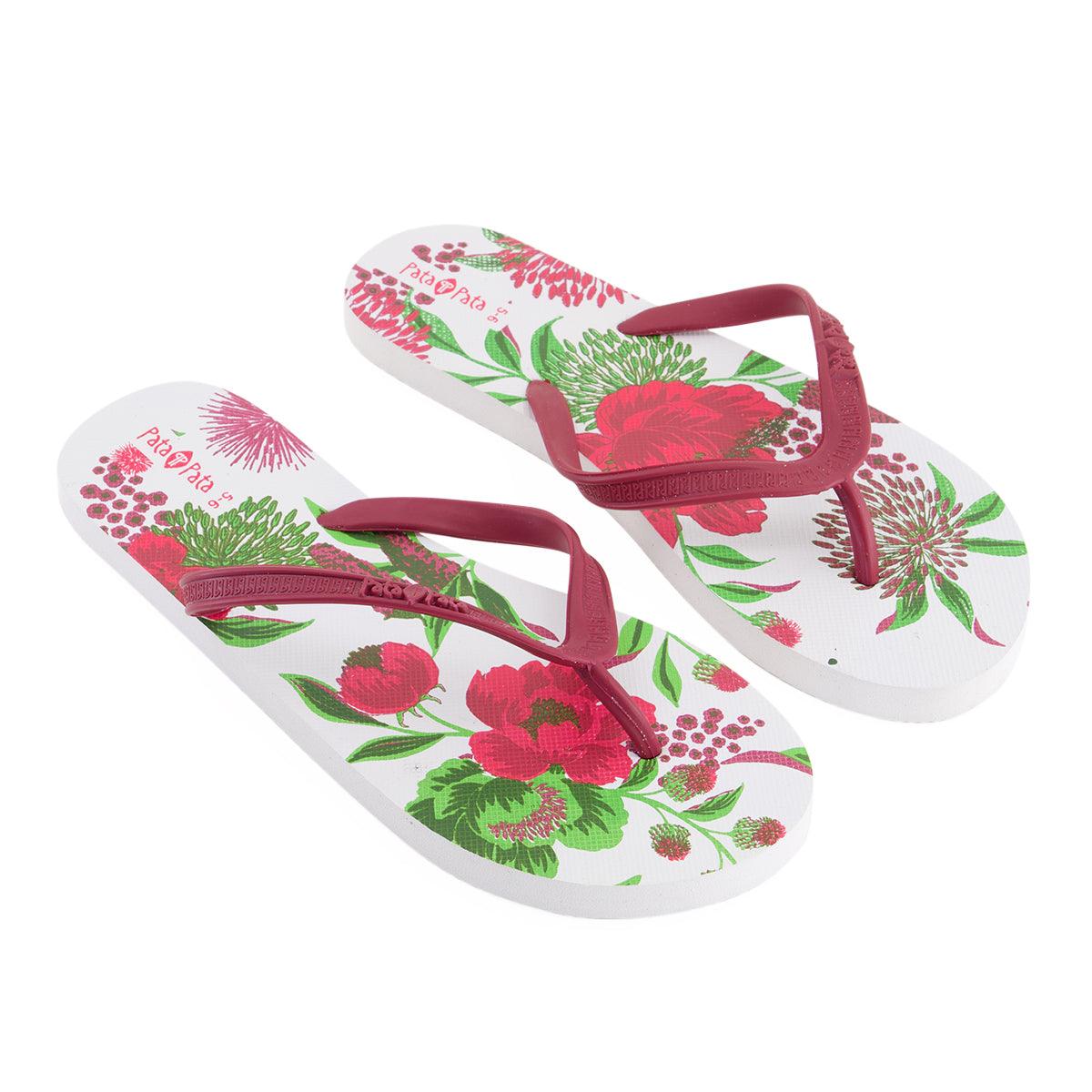 Pata Pata Ladies Flip Flops Red Floral Size 3/4 - Livestainable.co.za