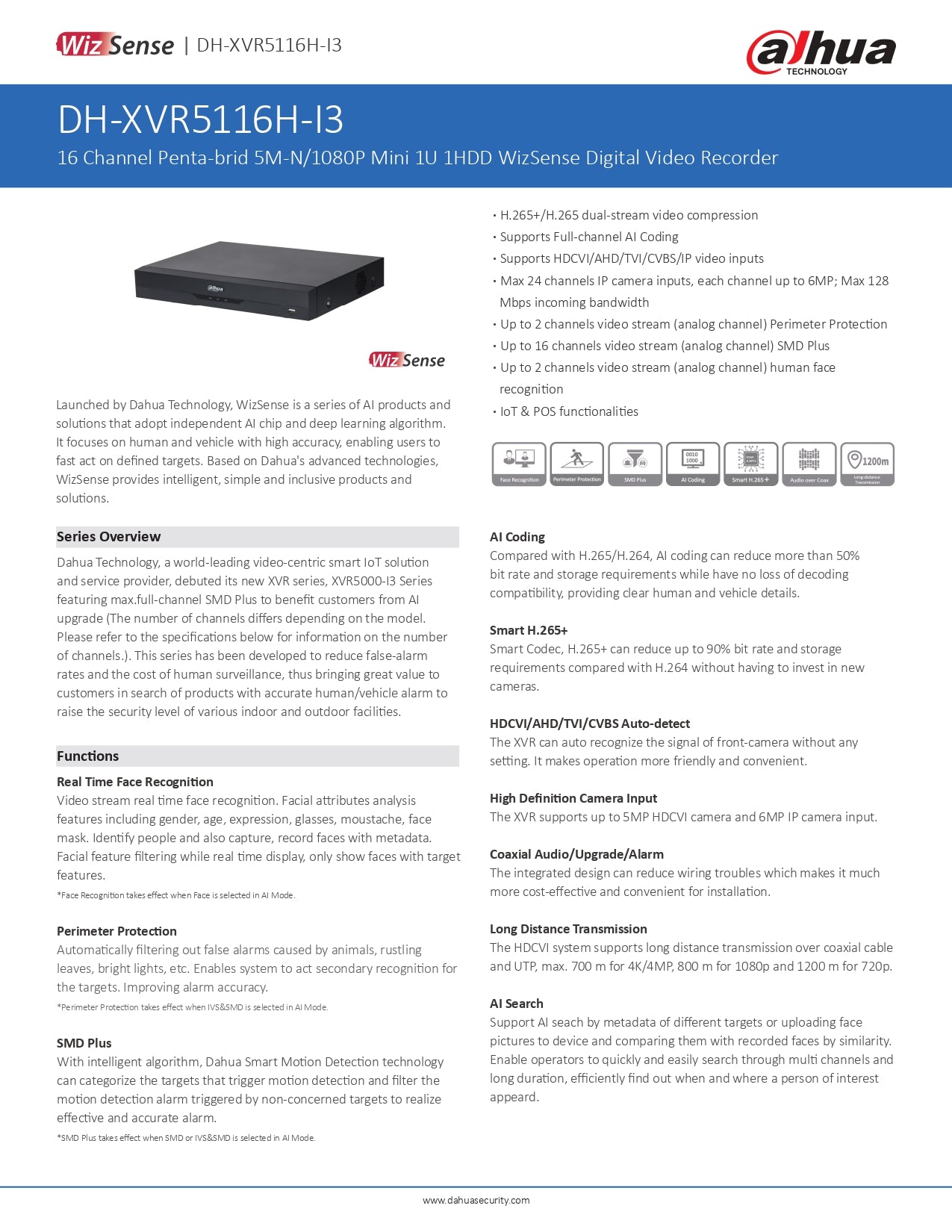 Dahua 16 CH 5 in 1 DVR 1080P 1Sata Slot Excl HDD Wizsense