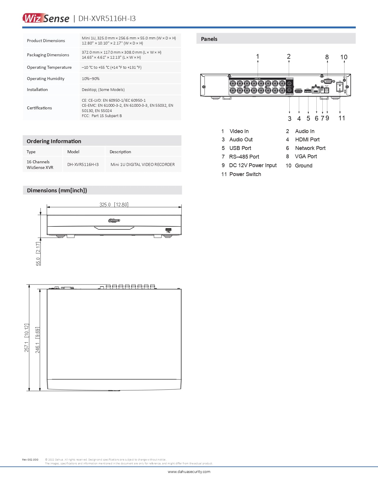Dahua 16 CH 5 in 1 DVR 1080P 2Sata Slot Excl HDD Wizsense