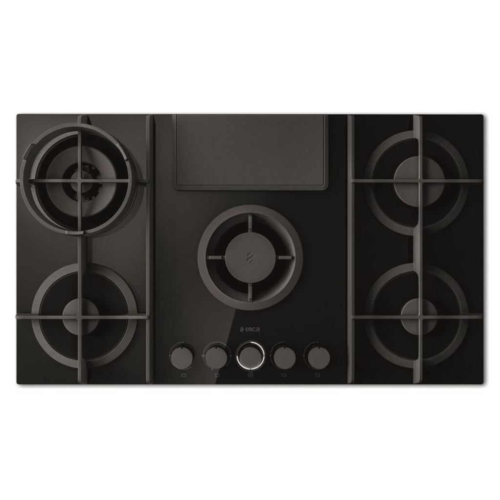 Elica 90Cm 4 Burner Gas Hob With Downdraft Extractor- Black Glass And Cast Iron Pot Grids