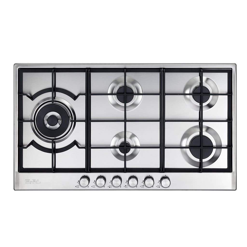 Elba Elio 90Cm 5 Burner Gas Hob With Side Wok Burner- Stainless Steel