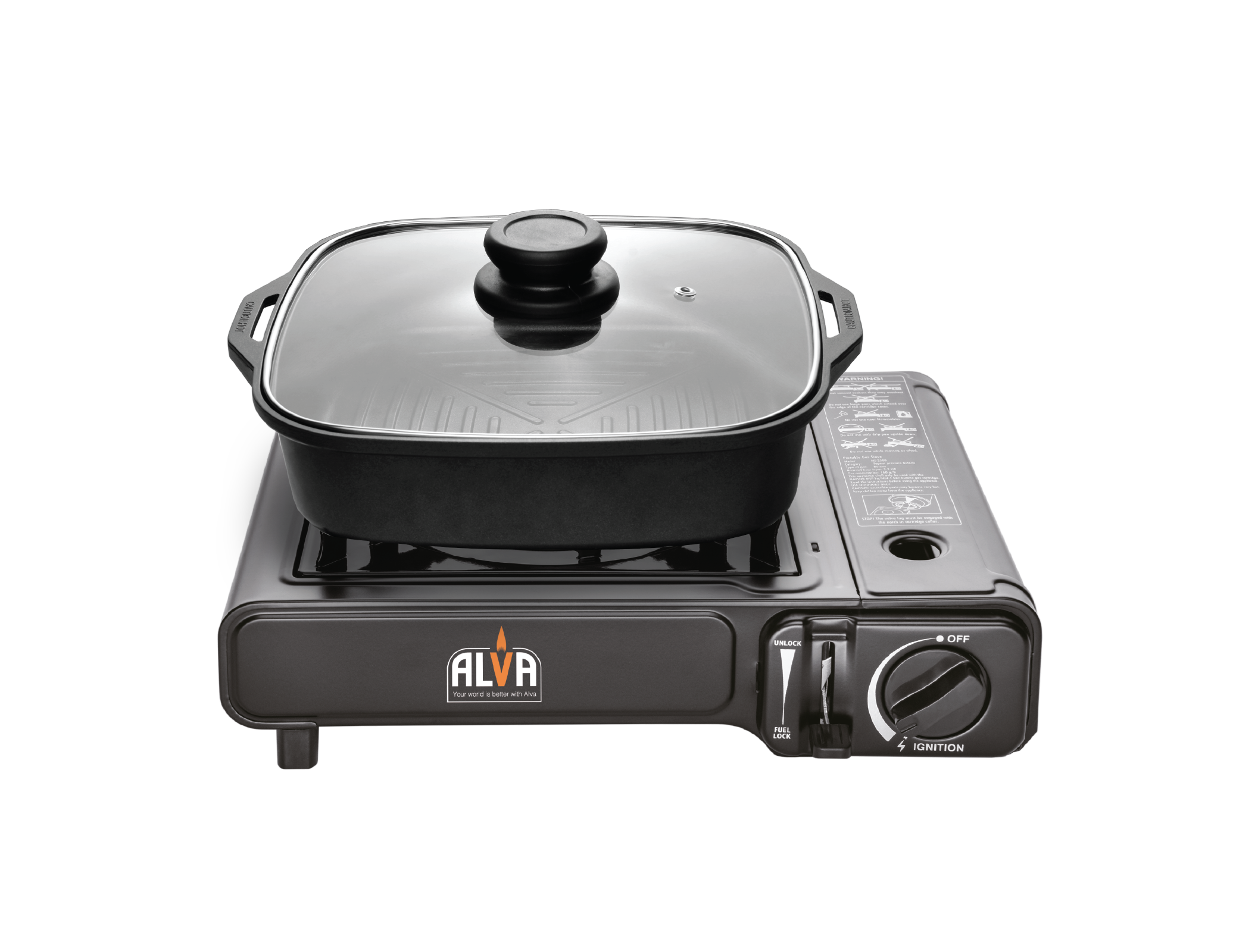 Single Burner Butane Gas Canister Stove + Cooking Pot & Lid 1 Plate